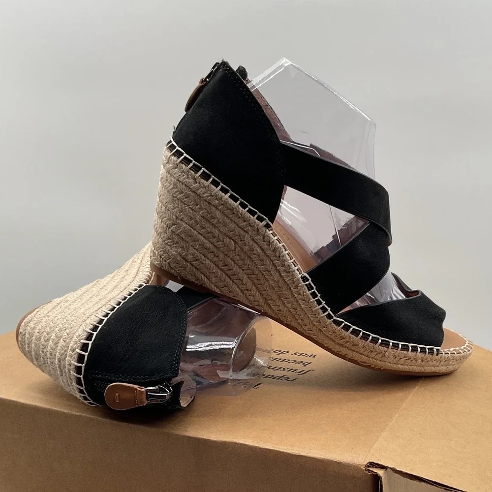 Gentle Souls Kenneth Cole Black Leather Espadrille Wedge Sandals Womens 9M
